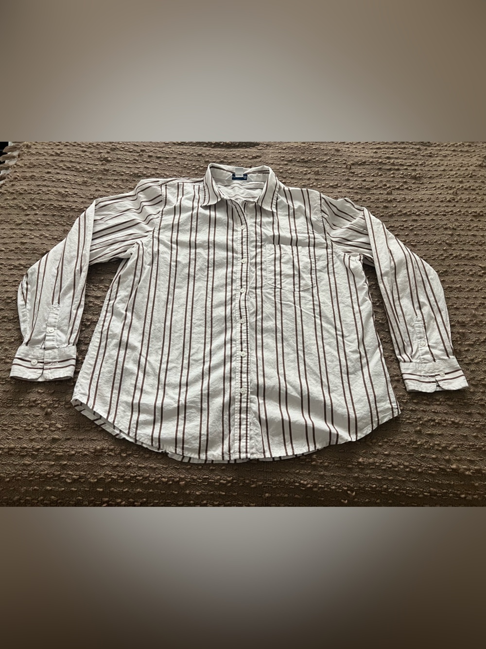 Old Navy Women's White Button-Down Shirt with Brown Stripes